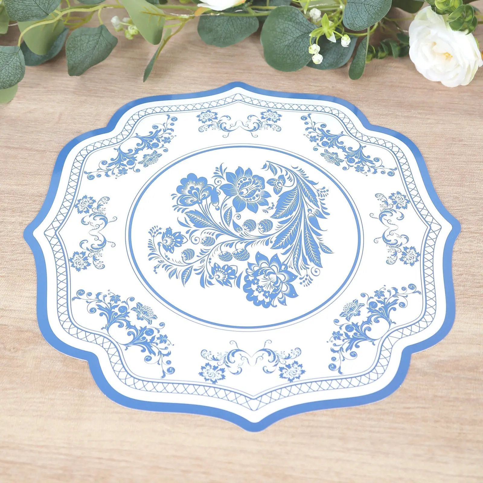 10-Pack Disposable Cardboard Placemats - 13in White with Blue Damask Floral Pattern, Scalloped Rim, 400GSM Tableware for Birthday, Campfire-BBQ Party Classy Events
