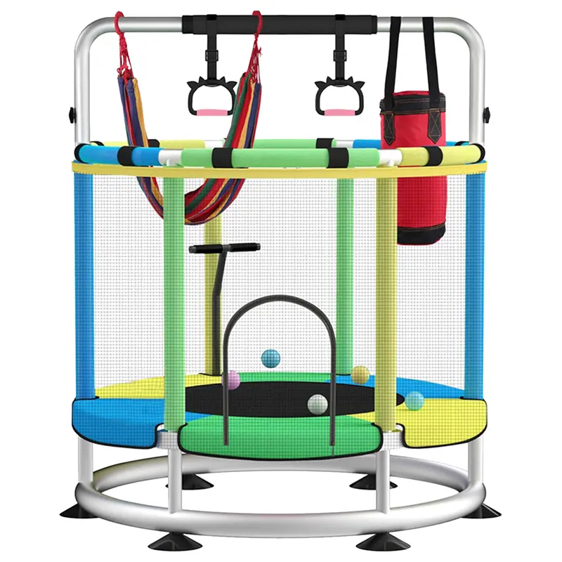 55" Kids Jump Trampoline with T-Handrails, Basketball Hoop, 3 Adjustable Height, 360° Enclosure Net, 440lbs Capacity, No-Gap Safe Design, Swing, Sandbag, Ocean Balls, Customized Thick Waist Drum Spring - Indoor/Outdoor Gifts for Children 1 to 8 Years