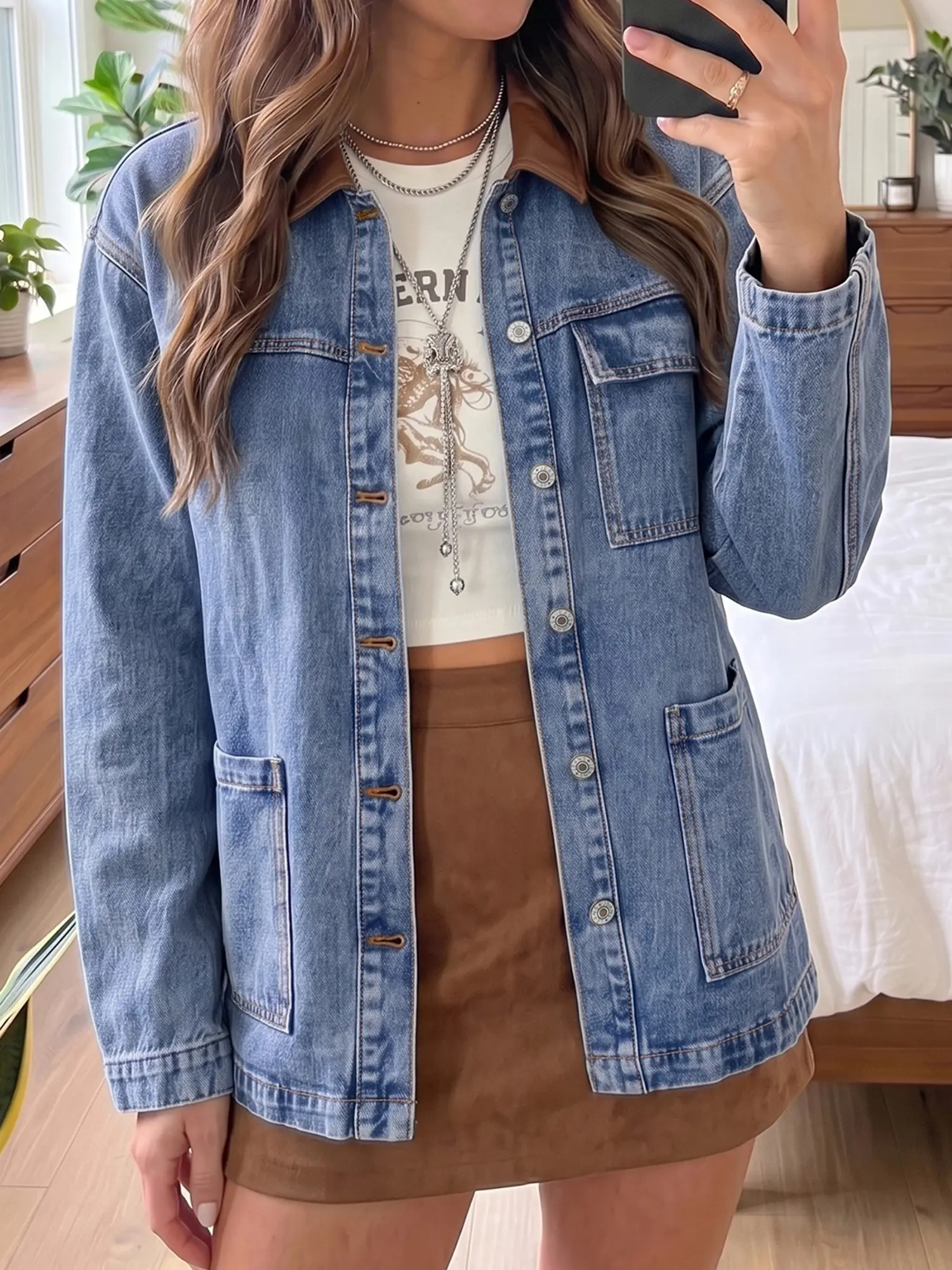 Women's Patchwork Denim Jacket, Faux Leather Collar Button Front Long Sleeve Casual Jacket
