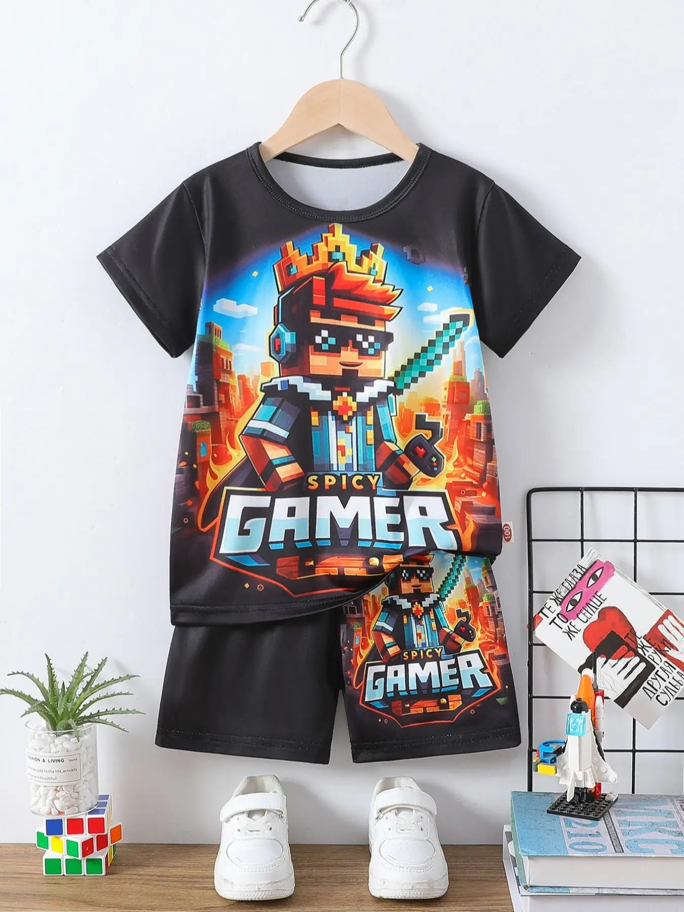 Two-Piece Set Boy's Game Console Print Short Sleeve Tee & Elastic Waist Shorts, Casual Round Neck T-shirt & Shorts, Kids Summer Clothes for Daily Wear