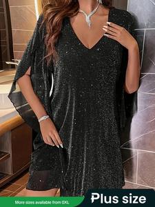 【 plus size】 glitter v neck dress, elegant short dress for party club dating wear, summer dresses, women's clothes for all seasons, womenswear, vneck formal wear