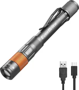 Rechargeable Pen Light, 300 Lumens EDC Flashlight, Zoomable LED Pocket Flashlight with Clip, Memory Function and USB C Cable Included, for Camping, Emergency, Gray