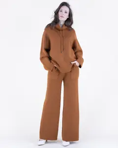 Women's Cozy Knit Stand Collar Sweater w/ Drawstring & Wide-Leg Pants Set with Patch Pockets Top, Pants or Two-Piece Set Options