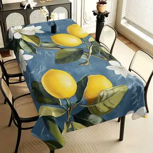 1pc Dark Blue Lemon Blossom Tablecloth, Watercolor Art Style, Stain-Resistant Polyester Table Cover for Indoor Dining, Summer BBQ & Tropical Home Decor