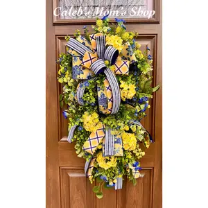 Spring Floral Wreath – Blue & Yellow Front Door Wreath, Mother’s Day Gift, Handmade Summer Wreath, Farmhouse Home Decor