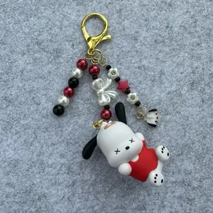 Cute Dog Keychain with Red and Black Beads and White Bow