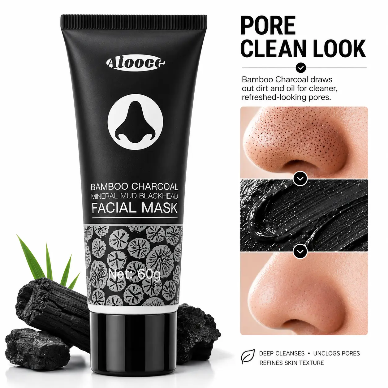 Charcoal Peel-Off Face Mask, Aiooce 60 g Bamboo Charcoal Facial Mask for Pore Cleansing, T-Zone Care and Oily or Combination Skin