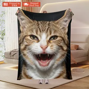 Angry Crying Cat Face Throw Blanket, Funny Meme Cat Plush Blanket, Humorous Sarcastic Cat Fleece Blanket for Couch Bed, Soft Cozy Gift for Cat Lovers, All Season Lightweight Throw