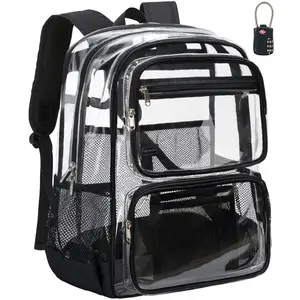 Vorspack Clear Backpack with TSA Lock, Large Clear Bookbag, Black | Heavy Duty See Through Backpacks, with Laptop Pocket, 2-Way Zipper, Transparent Clear Bag for School, Work, Travel, Security