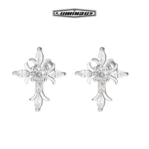 Men's and Women's Stud Earrings, Iced Out Sterling Silver Floral Cross with Sparkling AAAAA+ Cubic Zirconia, Stud Earrings Set, Sparkling Ear Jewelry