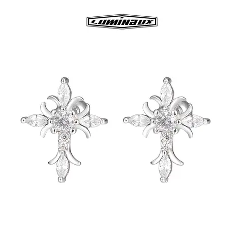 Unisex Sterling Silver Iced Out Floral Cross Pretty Stud Earrings Jewelry - AAAAA+ Shining Artificial Zirconia Classic Gemstone Earrings for Adults,Dates