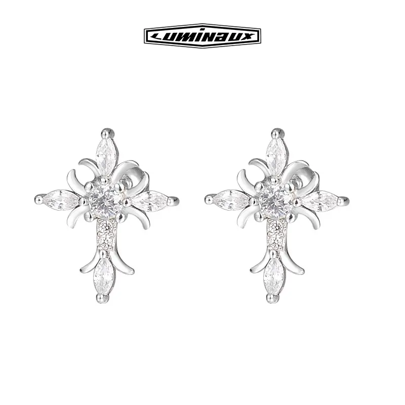 Iced Out Floral Cross Stud Earrings for Men & Women, Sterling Silver with Sparkling AAAAA+ Cubic Zirconia, Artificial Zirconia Earrings, Shining Earrings