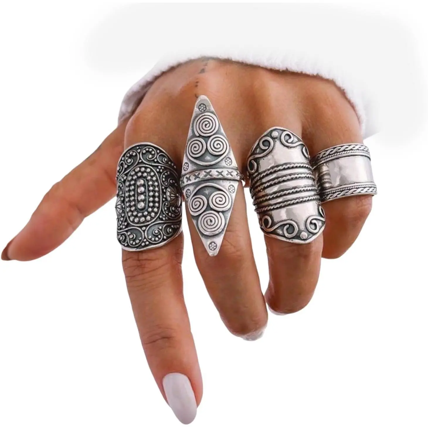 Women's Men's Boho Chunky Oversized Western Rings - Vintage Stackable Big Knuckle Rings with Different Widths, Silver Country Concert Accessories, Everyday Wear, Good Gift for Mothers
