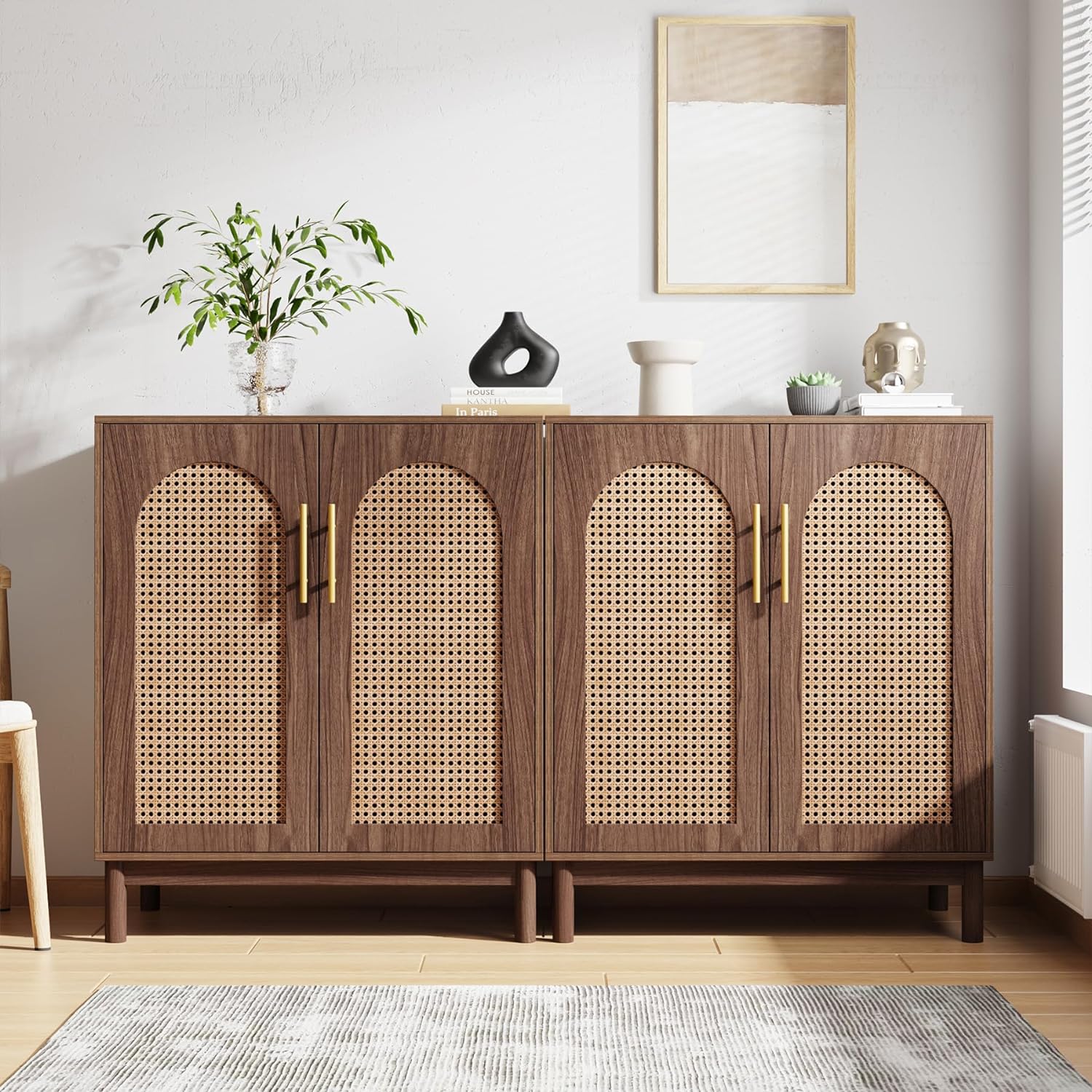 Tribesigns Set of 2 Rattan Sideboard Buffet Cabinet with Storage, 59 Inch Accent Cabinet with Doors, for Dining Room, Living Room, Kitchen