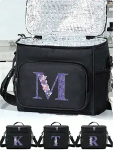 Large Capacity Insulated Tote Lunch Bag, Letter Floral Print, Shoulder Strap & Ice Pack, Dual Layer Food Box, Unisex, Reusable