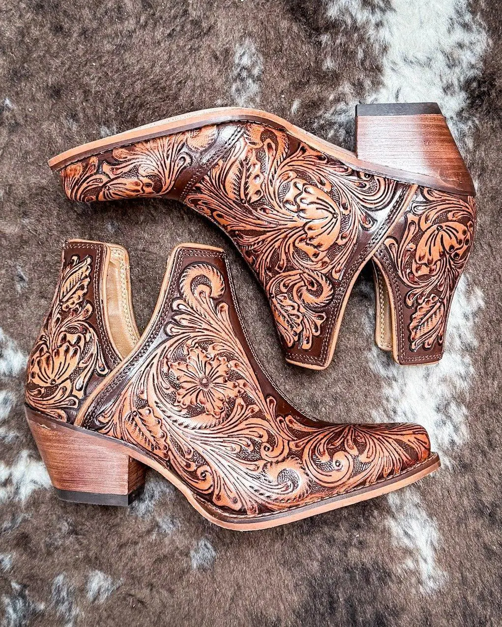Myra Bag Women's Sundance Spirit Handtooled Leather Booties - Chocolate (Loyal West Collaboration), Leather Material Women's Shoe & Footwear