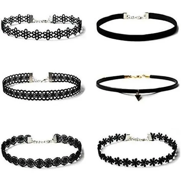 6 Piece Black Choker Set for Women - Gothic Lace and Metal Goth Necklaces for Parties, Casual Wear - Valentine's Day & Christmas Gift, Fabric