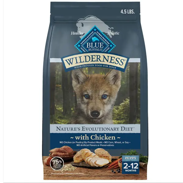 Blue Buffalo Wilderness High-Protein Natural Dry Food for Puppies Chicken Recipe 4.5-lb Bag Grain-Free with DHA for Brain Development