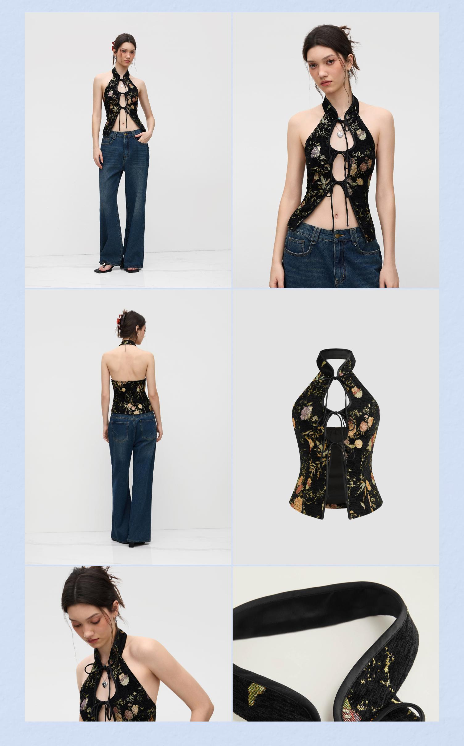 Cider Jacquard Mandarin Collar Floral Tie Front Cut Out Tank Top ...