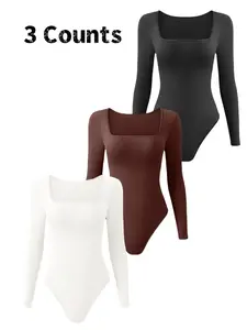 Women's Plain Basic Everyday Long Sleeve Shapewear Bodysuit, Thong Design, Square Neck Slimming Tummy Control, Ladies Underwear & Shapewear