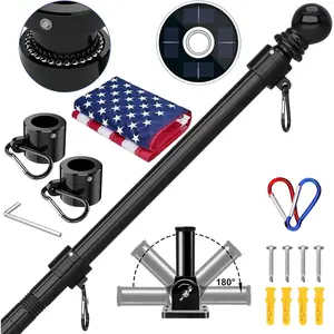 5ft flag pole kit with solar light and proud american flag adjustable bracket and upgraded tanglefree ring 1 stainless steel flagpole for day and night residential commercial black