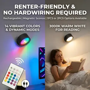 RGB LED Wall Light 1/2 PCS Touch & Remote Control 14 RGB Colors 3000K-6000K Dimmable Wireless Rechargeable 360° Rotatable No Drilling Magnetic Sconce for Bedroom Living Room Kids Room
