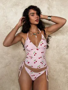 Curvvvy Swim 2026 Women’s  Sweet Cherry Grid Print Cute 2 Piece Bikini Set, Halter Neck Top with Triangle Bottom Casual Summer Vacation Swimwear for Women
