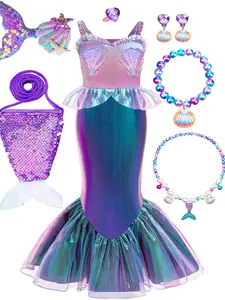 (Dress + all accessories)Kids Young Girl Birthday Party Holiday Mermaid Princess Cake Dress Purple And Green Shell Shaped Beads Mermaid Style Party Princess Dress Party Costume Dress Up Costume