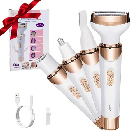 4 in 1 Electric Razor for Women, Summer Hair Trimmer Set, Multifunctional Hair Shaver, 4 in 1 Women's Shaver for Public Hair Wet & Dry Cordless Hair Remover for Eyebrow, Nose, Face, Legs