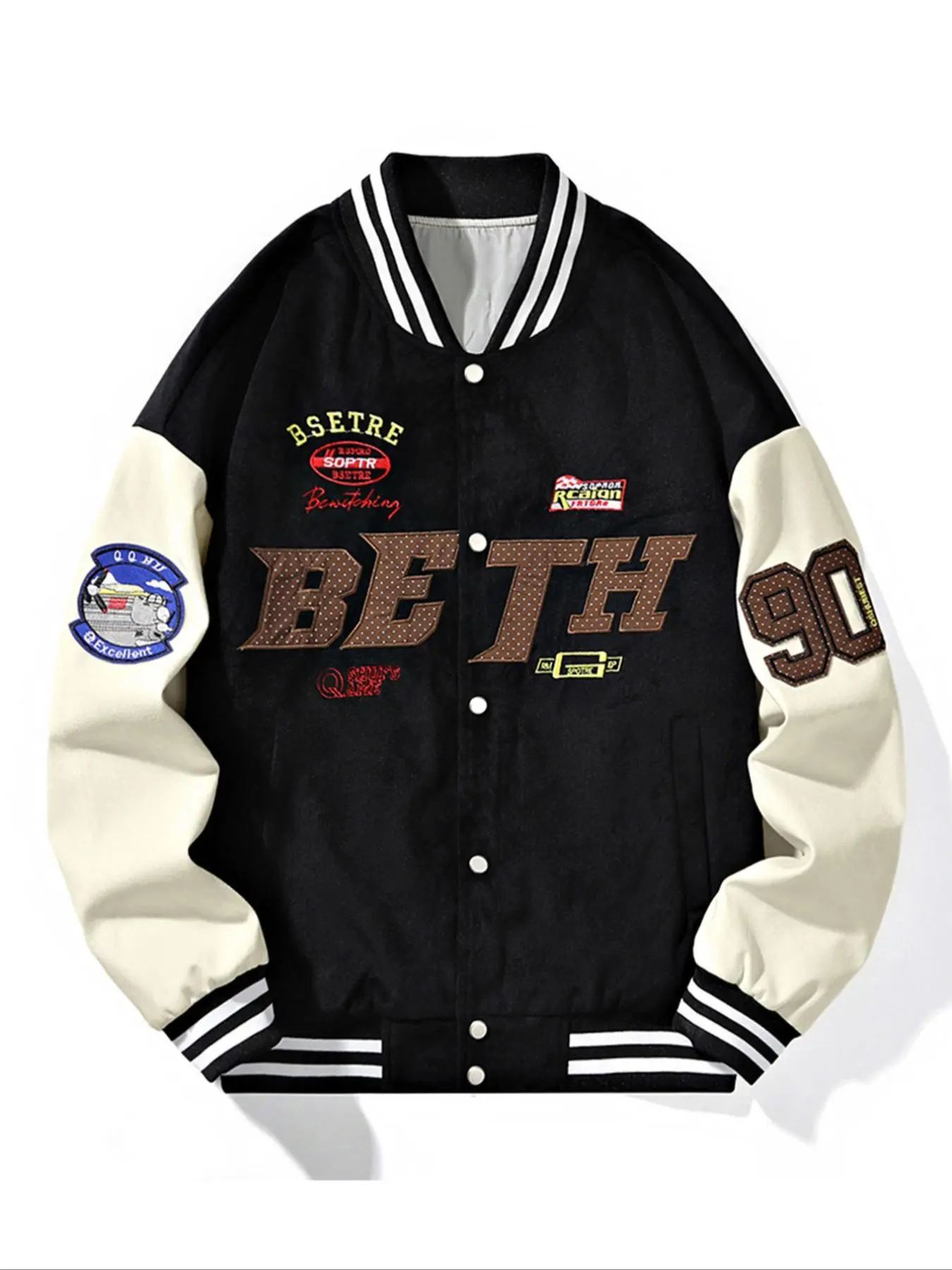 Men's Colorblock Letter & Figure Patched Drop Shoulder Baseball Collar Varsity Jacket, Regular Fit Casual Comfy Button Front Pocket Outerwear for Spring & Fall, Fashion Men's Clothes for Daily Wear