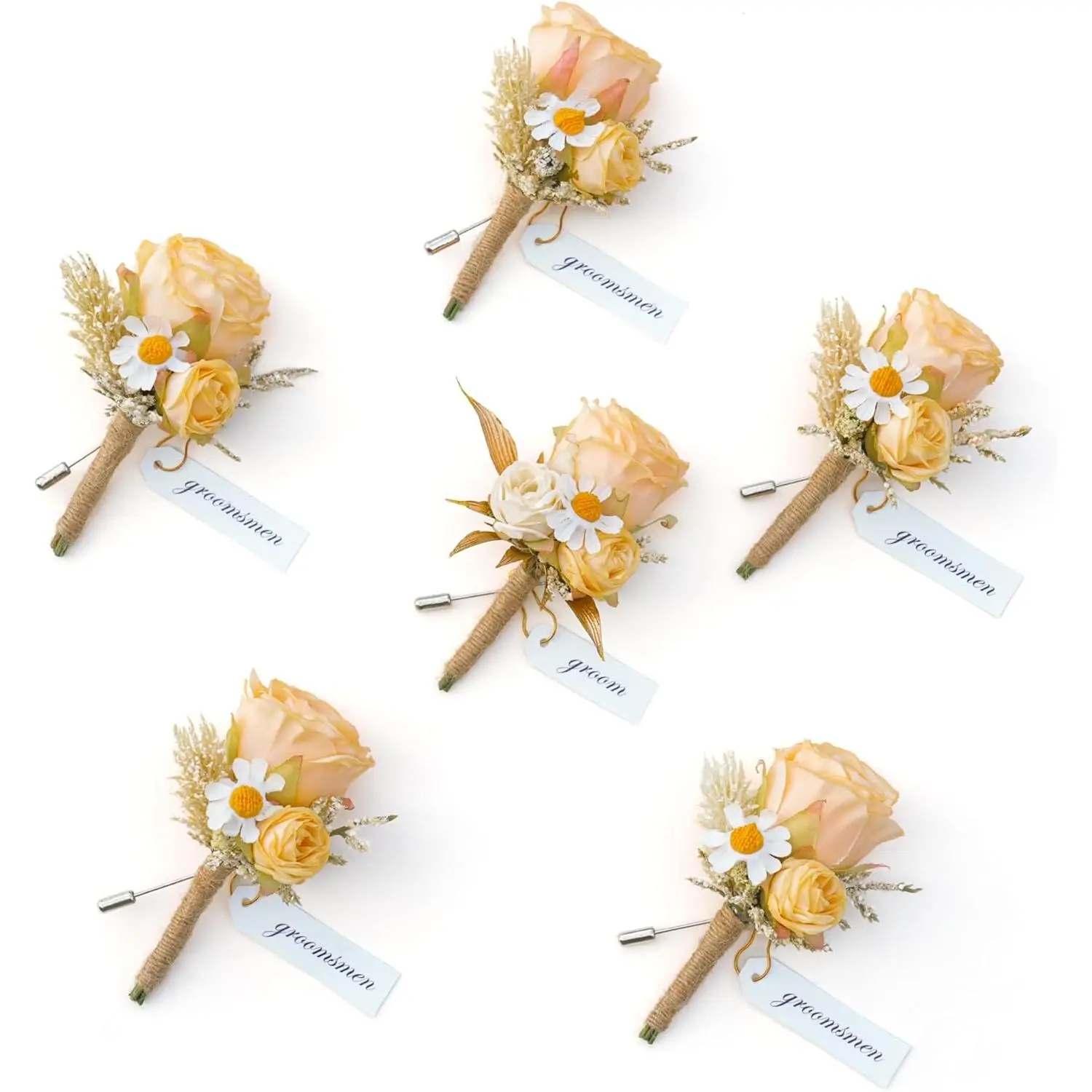 Elegant Retro Champagne Rose Natural Dried Roses Male Boutonniere Set (6 Pieces), Wedding Wear Corsage for Groomsmen Guests, Suitable for Wedding Ceremony Anniversary Prom Suit Decor, Six Pieces