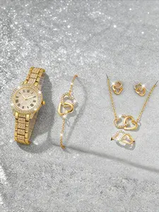 Women's Elegant Fashion Watch & Jewelry Set, Round Dial Analog Quartz Watch & Bracelet & Necklace & Ring & Earrings, Exquisite Watch Set, Fashionable Jewelry Set