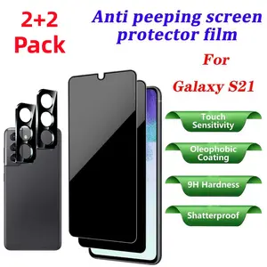 【 2+2 PCS 】 Privacy screen protector, suitable for Samsung Galaxy S21 smartphone, 2 screen protectors and 2 lens protectors, Easy to install, supports fingerprint unlocking, 9H hardness, wear-resistant and impact resistant  Installation
