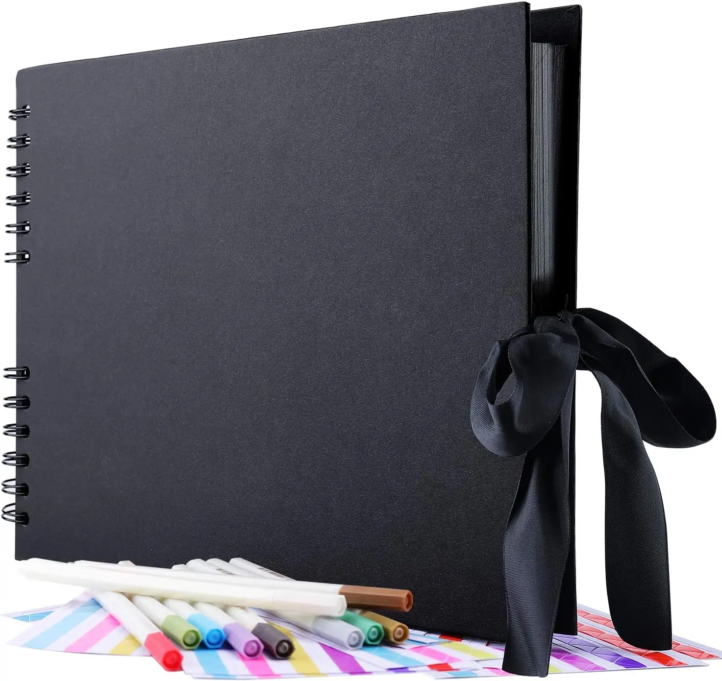 Black Non-Fading Large Size DIY Scrapbooking Set - 80-Page Album, 10 Metallic Colored Markers (Includes Pens), Craft Paper, Self Adhesive Stickers, Corners - for Wedding, Birthday Gifts, Home Decor Photo Storage, Diy Craft Kit