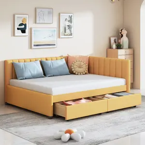 Full Size Upholstered Daybed Frame with Storage Drawers, Full Size Daybed with Wood Slats, Linen Fabric Sofa Bed Frame for Living Room Bedroom