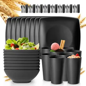 PIOK&GO 24-piece With Flatware Plastic Wheat Straw Square Dinnerware Set for 8, Unbreakable Dinner Plates