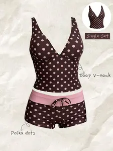 SaltVelvet Polka Dot Deep V Neck Tankini Set - Multicolor Short Top High Waisted Tummy Control Bottom 2 Piece Swimsuit Summer Beach 2026