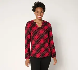 Denim & Co. Plaid Heavenly Jersey Split V-Neck Long Sleeve Top