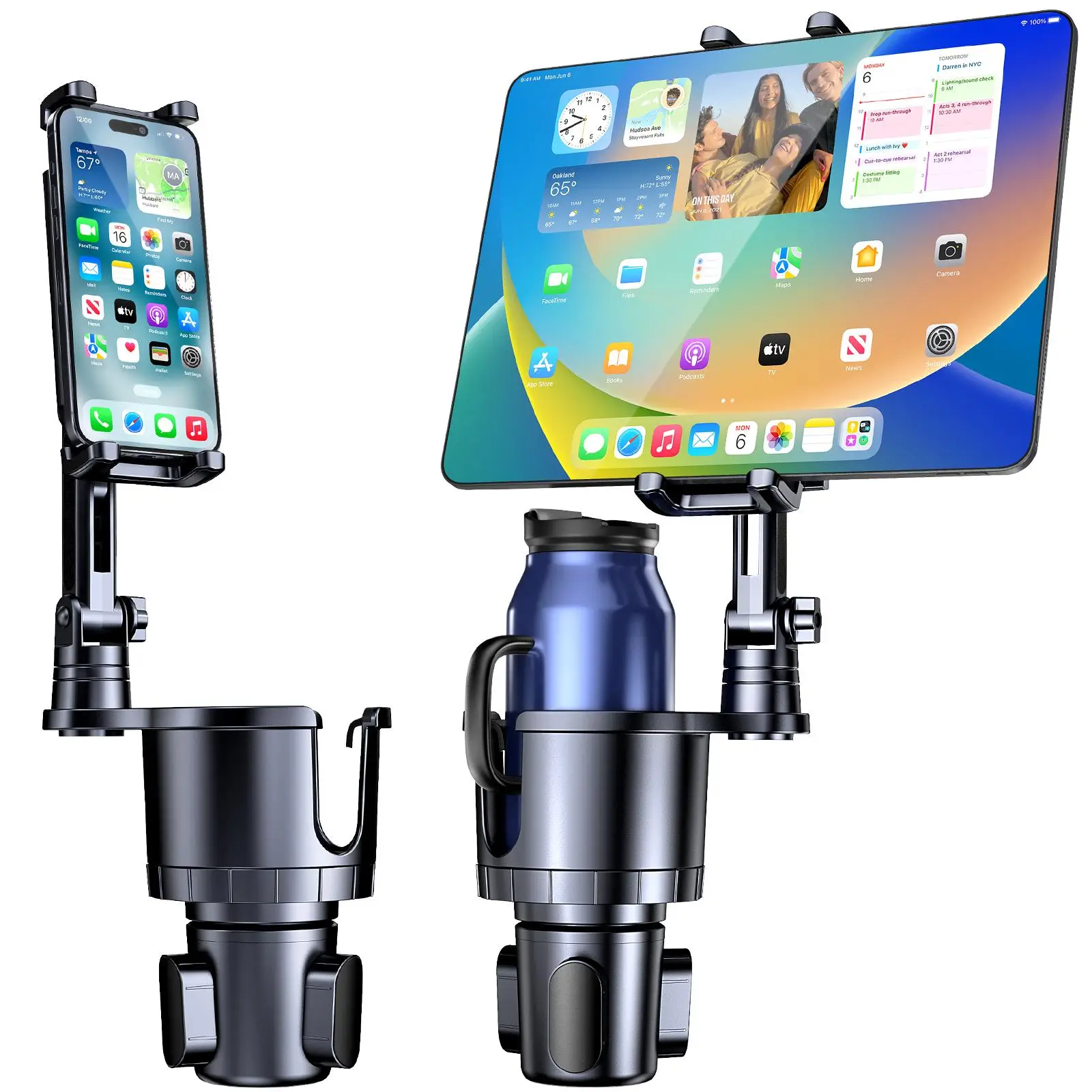 Dual Functionality Car Phone & Tablet Holder, Adjustable Car Cell Phone Holder with Water Bottle Holder, Universal Holder for 4.7-12.9 Inch Devices, T