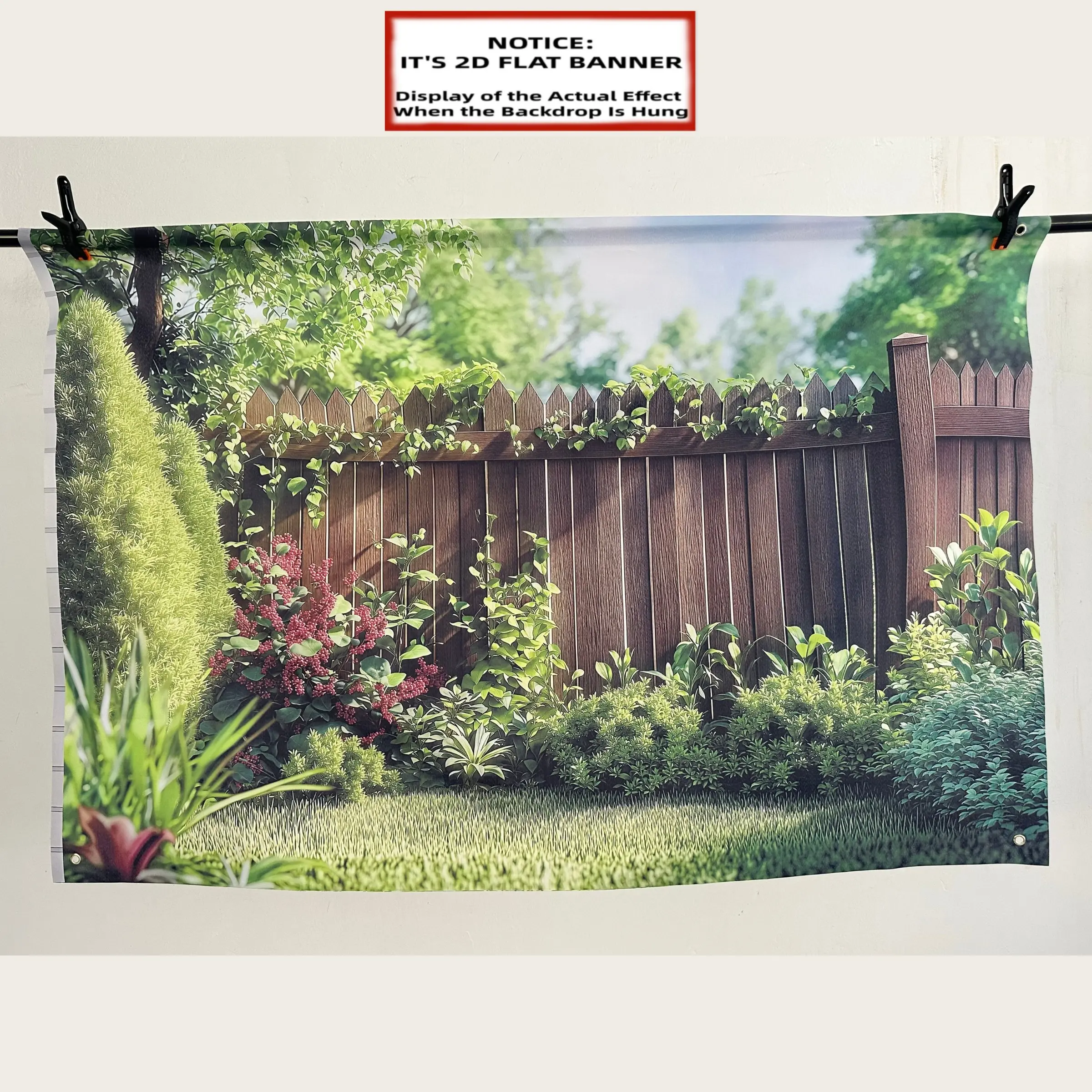 1pc 2D Flat Banner, Outdoor Banners | Wooden Fence Background with Climbing Plants and Dense Greenery - Polyester Fiber Suitable for Garden, Home, Wedding, Party Decoration, Outdoor Fence Decoration, Party Decor Supplies