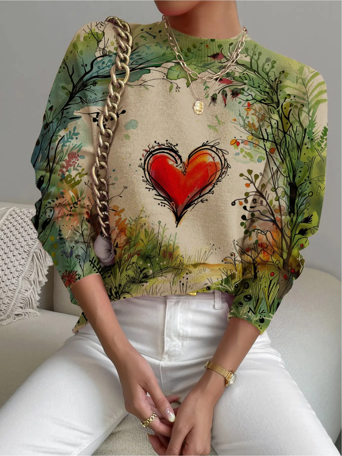 Women's Heart Print Stand Collar Knitted Sweater, Fall Winter Casual Long Sleeve Knitwear, Comfortable Warm Daily Wear, Elegant Design