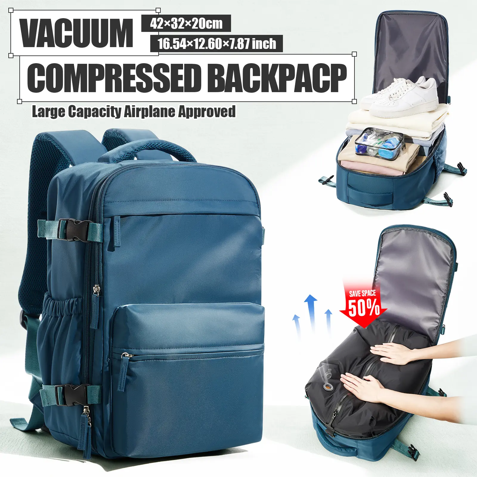 HYC00 Vacuum Compression Travel Backpack with Pump - Airline Approved Airport Carry-On, Unisex Multi-Function Durable Outdoor Hiking Rucksack with Built-In Organizer, Travel Essentials Bagpack, Green, Black