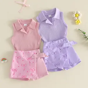 Toddler Girl Summer Outfits Ribbed Knit Solid Color Turn Down Collar Sleeveless Tank Tops Bowknot Print Shorts 2Pcs Clothes Set