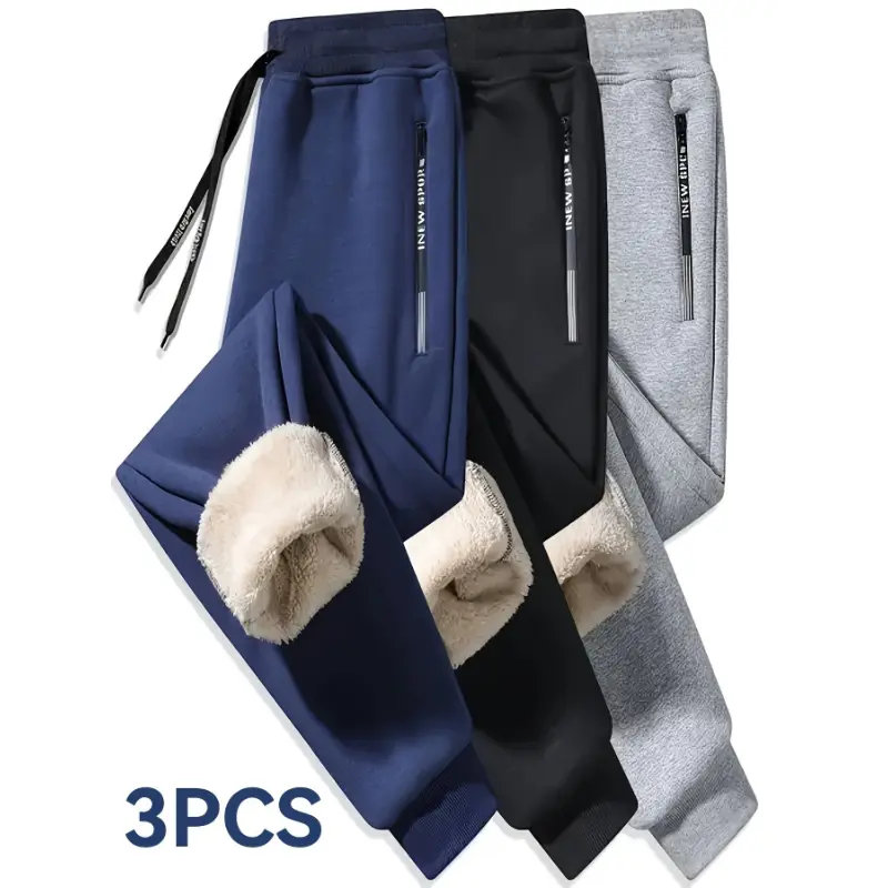 3pcs Men's Fleece-Lined Athletic Pants - Warm, Thick Casual Sweatpants with Zippered Pockets, Navy Blue, Black, Gray, Machine Washable Polyester Blend, Adjustable Comfort Pants | Zippered Sweatpants | Polyester Blend Pants