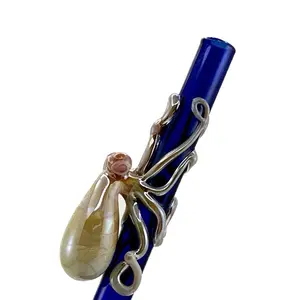 Octopus Glass Straw Reusable Eco Friendly Cobalt Blue & Caramel Octopi Drinkware Durable Transparent Design
