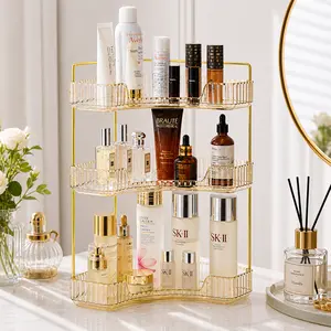 3-Tier Transparent Corner Bathroom Counter Organizer with Shelves, Countertop Perfume Tray, Vanity Makeup Cosmetic Storage for Bathroom, Dresser Gold Pole outdoorfun