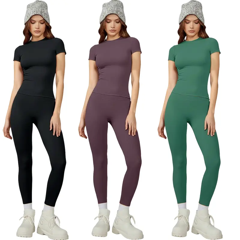 Women's 2-Piece Kabuer Athleisure Yoga Workout Set - Solid Short Sleeve Crew Neck Top, High-Waisted Bottoms, Quick Dry Gym Workout Sets for Women, All-Season Active Clothing, Workout Sets Women