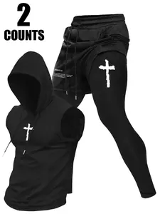 Men's Two-Piece Sportswear Set, Athletic Tracksuit Set, Cross & Text Pattern Hooded Vest and Faux Two-Piece Pants, Casual Street Fashion for Spring Summer Fall