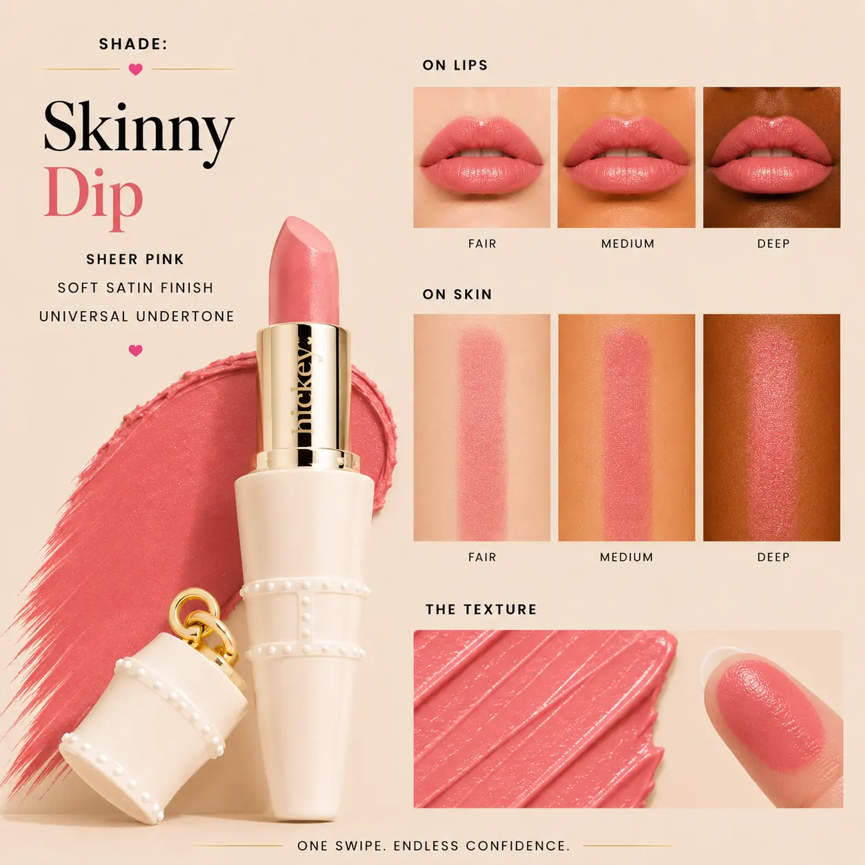 Hickey Lipstick Skinny Dip Refill | Sheer Pink Soft Satin | Clean Organic Vegan Refillable Lipstick | Long Lasting Hydrating | Gift for Her