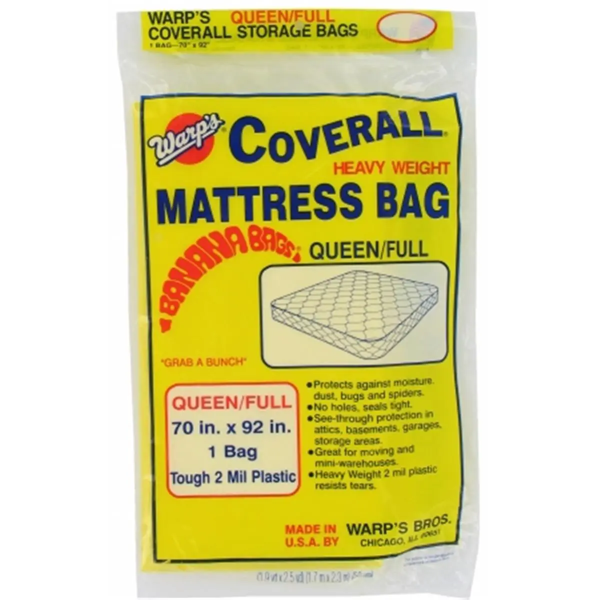 Warp Brothers Queen/Full Mattress Bag - 70in x 92in Banana Bag, Waterproof Mattress Cover, 2 Mil Heavy-Weight Tough Plastic, Insect-Resistant, Ideal for Attics, Garages, Basements, Model CB-70, Cover Protector